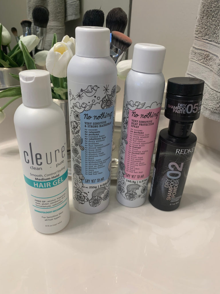 Photo of products safe for most to use. They are Cleure Medium Hold Gel, No Nothing Very Sensitive & Strong Hairspray, No Nothing Very Sensitive Heat Protections Spray, Redken Dry Shampoo Paste 05 and Redken Dry Shampoo Powder 02